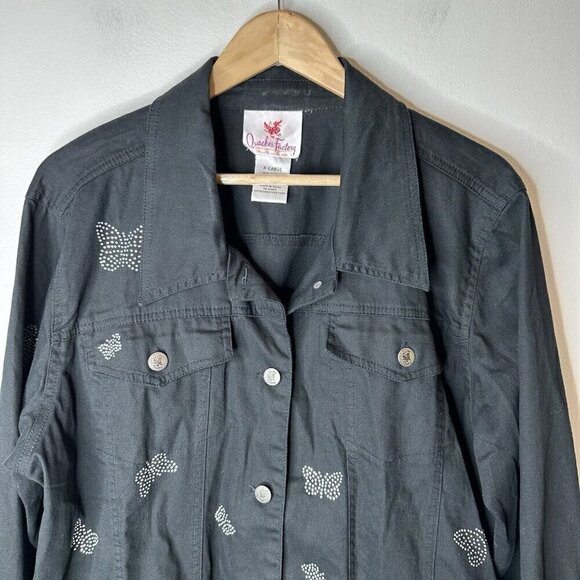Quacker Factory Jacket Womens Sz XL Black Denim Jean Butterfly Rhinestones Gems - Picture 2 of 9